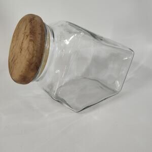 VINTAGE‎ TILTED GLASS CANISTER/COOKIE JAR w/SOLID WOOD Lid